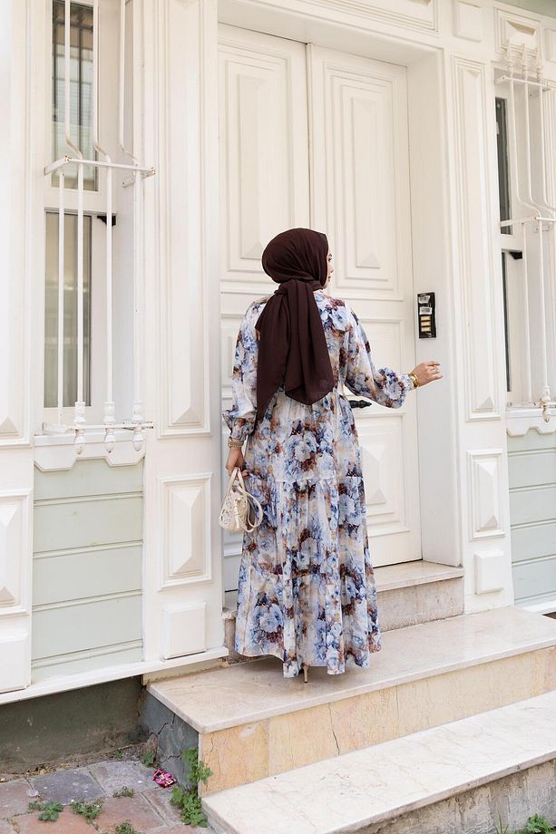 Kadın Çiçek Desenli Modal Düğmeli Beyaz Elbise - 7