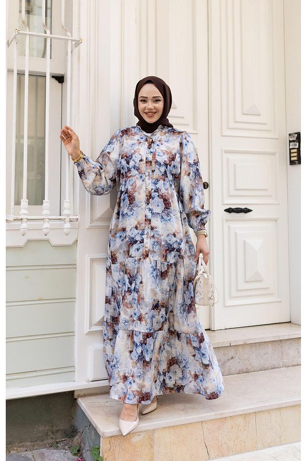 Kadın Çiçek Desenli Modal Düğmeli Beyaz Elbise - 1