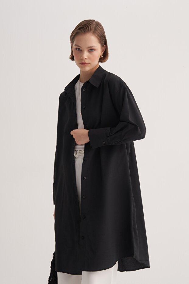Kadın Poplin Basic Uzun Gömlek Siyah - 2