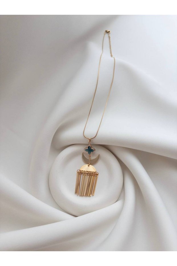 Steel Necklace - Clover Crescent Tassel Necklace - Design Necklace - Pendant Necklace -