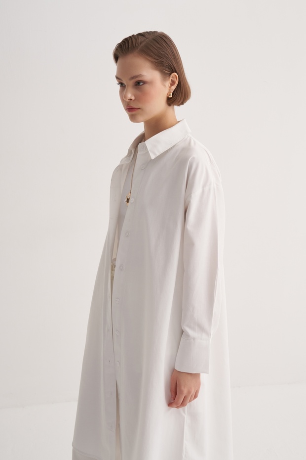 Kadın Poplin Basic Uzun Gömlek Ekru - 5