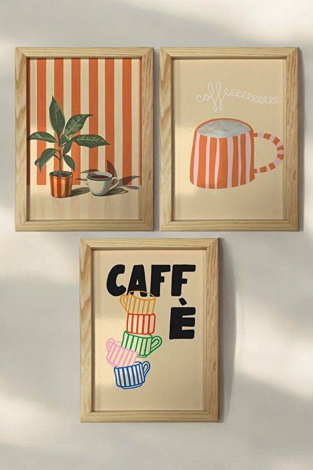 Ahşap Çerçeveli Kahve Temalı Tablo Üçlü MDF Poster Tablo Duvar Dekoru (21x30 cm) - 1