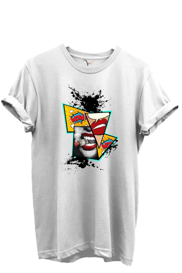 Pop Art Lip and Comic Printed Wow Themed 100% Cotton Regular Fit Unisex T-Shirt