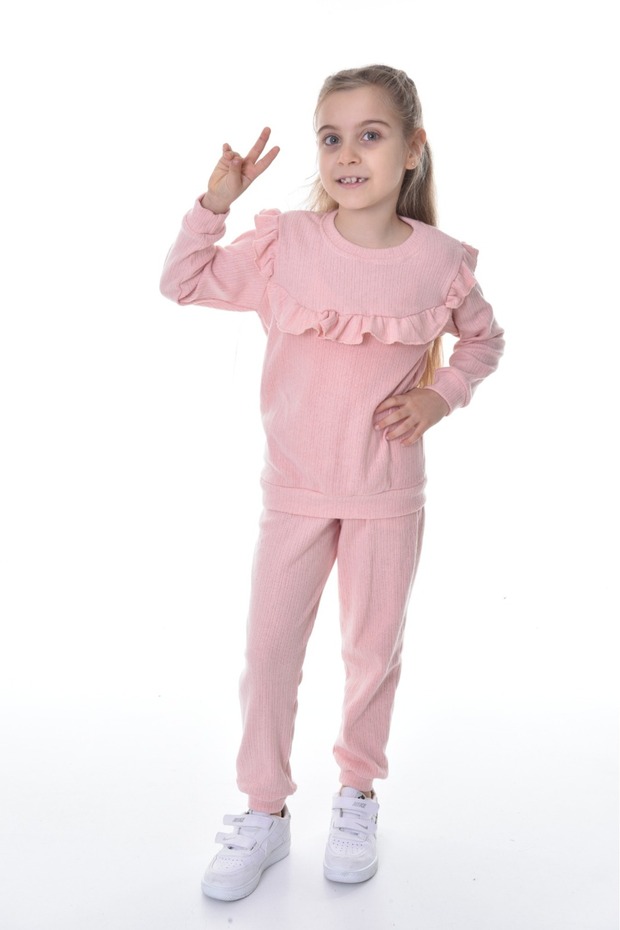 Cotton Long Sleeve Girls Bottom Top Suit with Ruffle Detail on Front and Sleeve