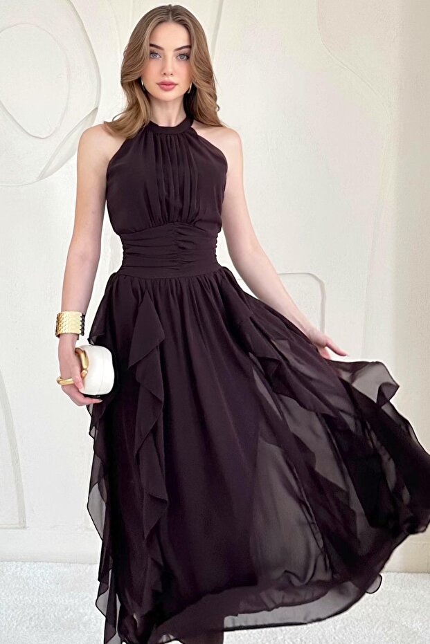 Brown Halter Neck Lined Dress