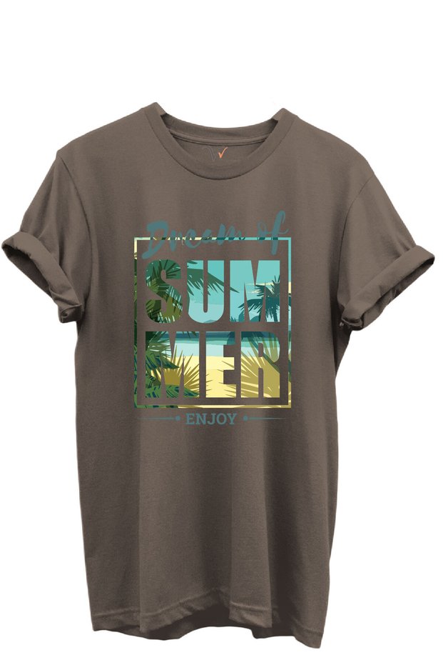Dream of Summer Written Palm and Seaside Themed 100% Cotton Regular Fit Unisex T-Shirt