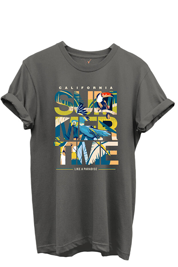 California Summertime and Tropical Parrot and Palm Pattern 100% Cotton Regular Fit Unisex T-Shirt