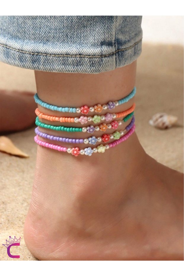 5-Piece Combination Pearl, Stone and Flower Young Girl's Bead Anklet - Sea Jewelry Beach Jewelry Bracelet