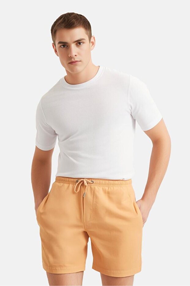 Men Solid Basic Shorts, Peach - 1