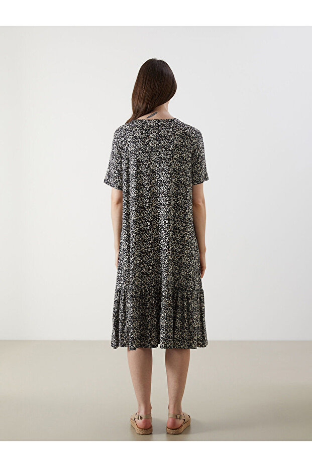 Bisiklet Yaka Çiçekli A Kesim Elbise - 5