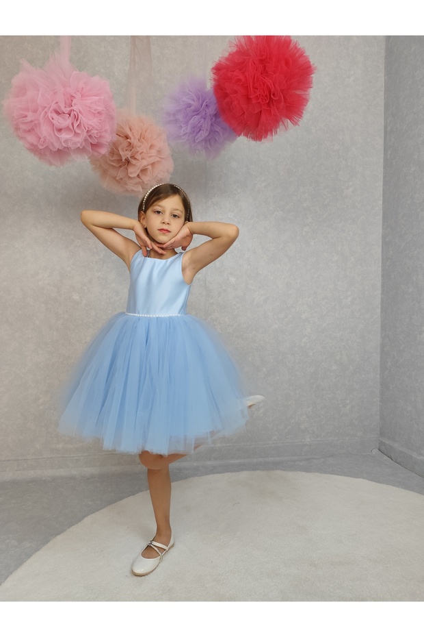 Girl's Evening Dress Island, Baby Blue Waist Pearl, Tutu Dress
