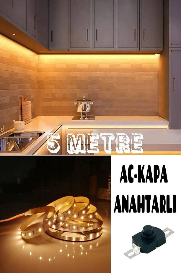 Mutfak Dolabı Tezgah Üstü Için 5 Metre Gün Işığı Şerit Led Işık Adaptörlü Anahtarlı Tak Çalıştır - 3