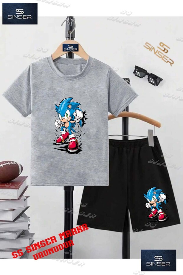Children's Unisex “Sonic Fist Breaking“ Custom Printed Crew Neck T-Shirt - Shorts Set