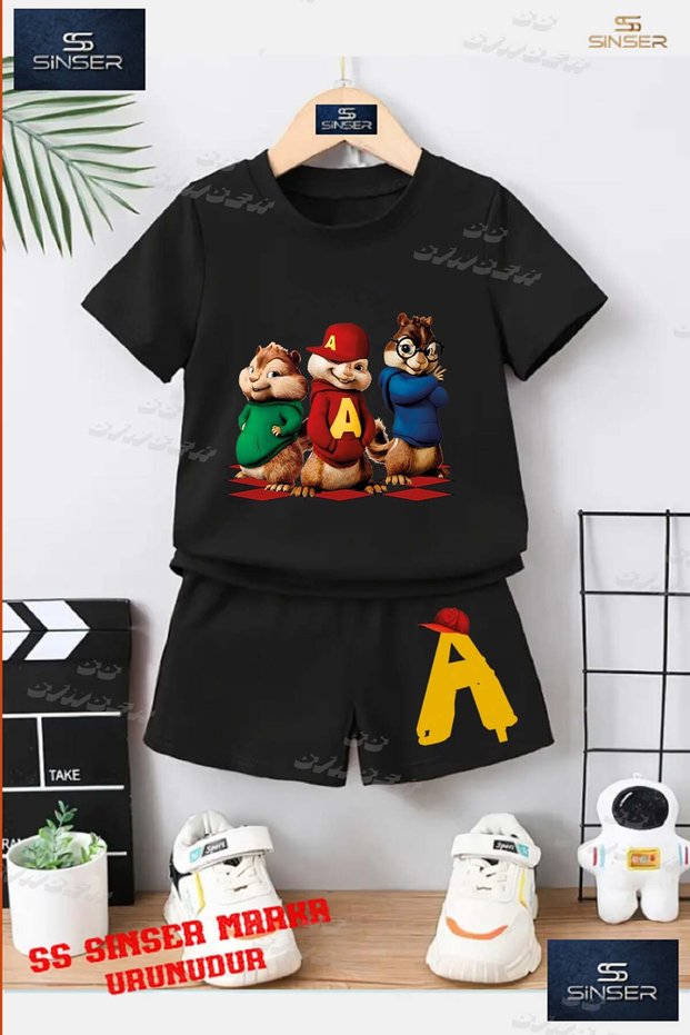 Kids Unisex “Alvin 3Lu Squirrel Standing Custom Printed Crew Neck T-Shirt - Shorts Set