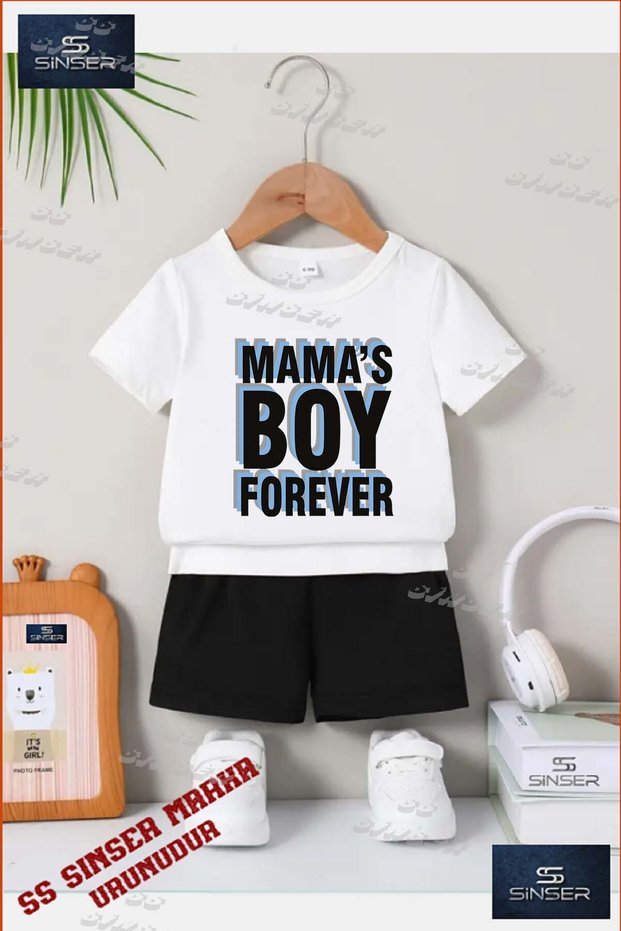 Children's Unisex “Mamas Boy Written“ Special Printed Crew Neck T-Shirt - Shorts Set