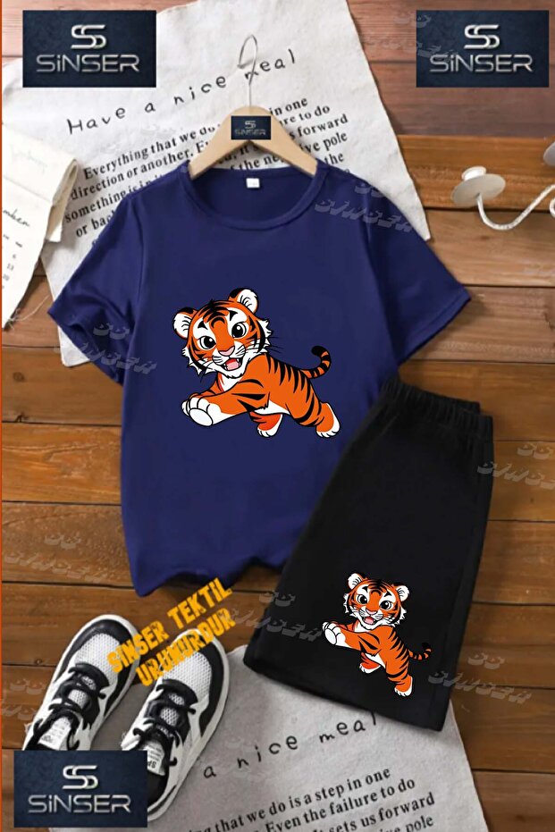 Kids Unisex “Tiger Drawing Cute“ Custom Printed Crew Neck T-Shirt - Shorts Set
