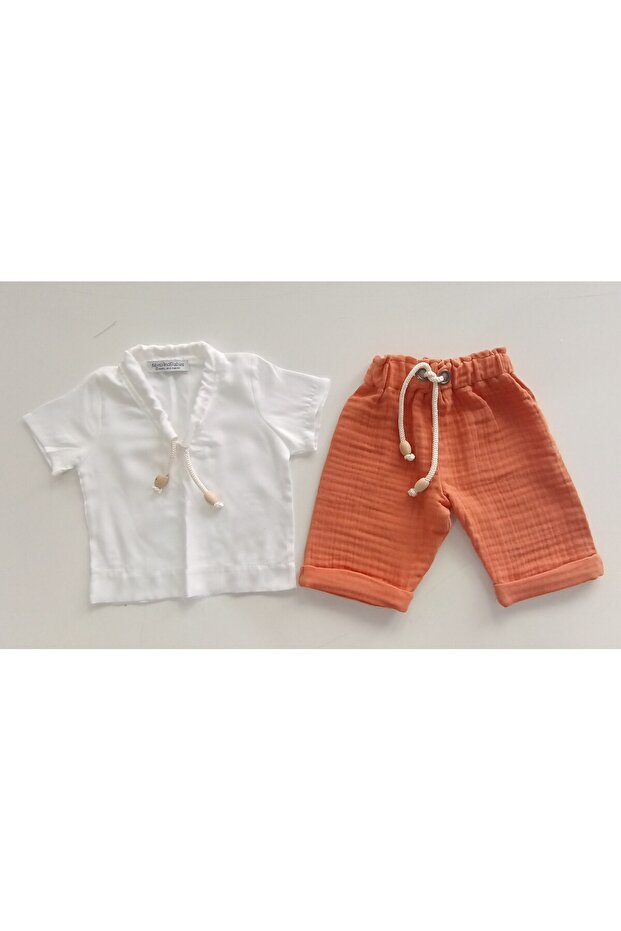Çocuk Müslin Şort Tişörtlü Şort Yeşil - Turuncu - Tarçın Renkler Takım 0-6 Yaş - 1