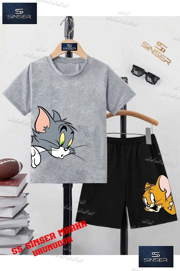 Kids Unisex “Tom and Jerry Heads Sideways“ Custom Printed Crew Neck T-Shirt - Shorts Set