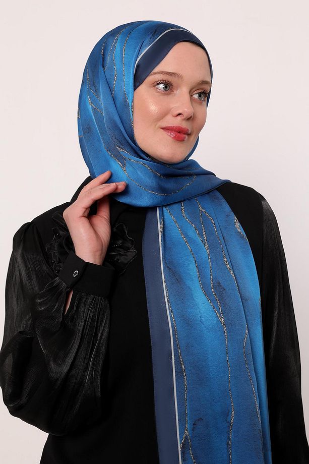 Hint İpeği Şal | Saks Mavi - 2