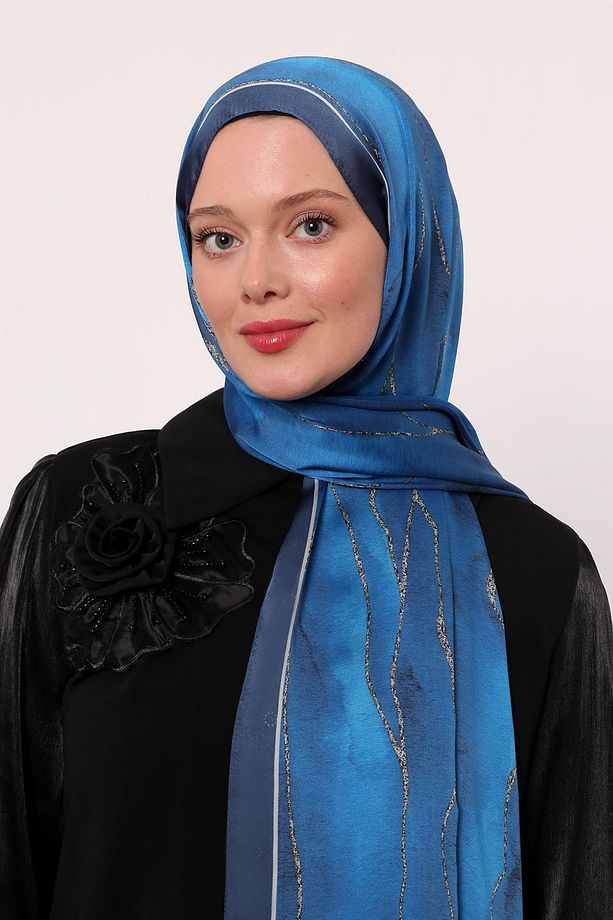 Hint İpeği Şal | Saks Mavi - 1