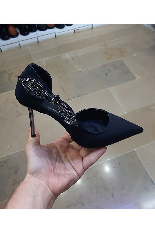Women's 10 cm Thin Galvanized Heel, Chain and Leaf Stone Detailed Side Open Stiletto Evening Dress Shoes