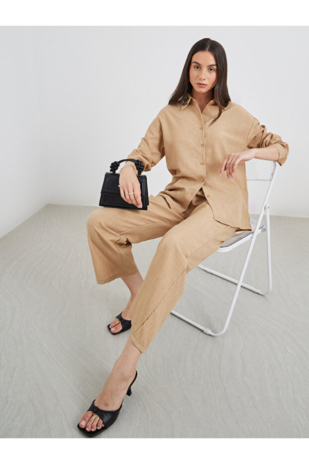 Embroidered Collar Detail Shirt and Pants Co-Ords