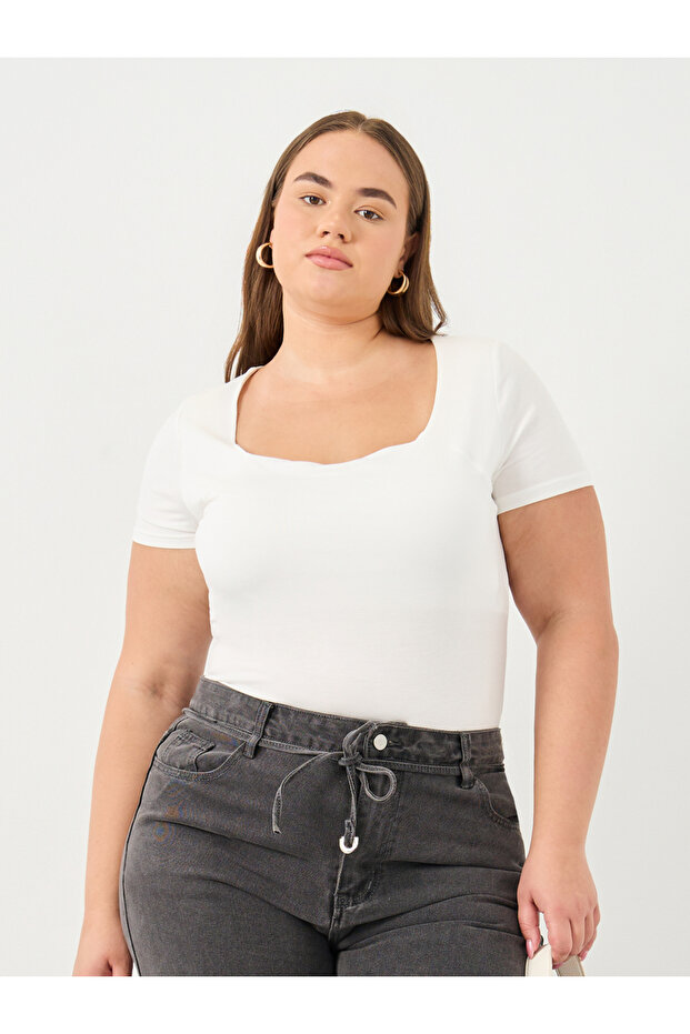 Plus White Fitted T-Shirt with Square Neck