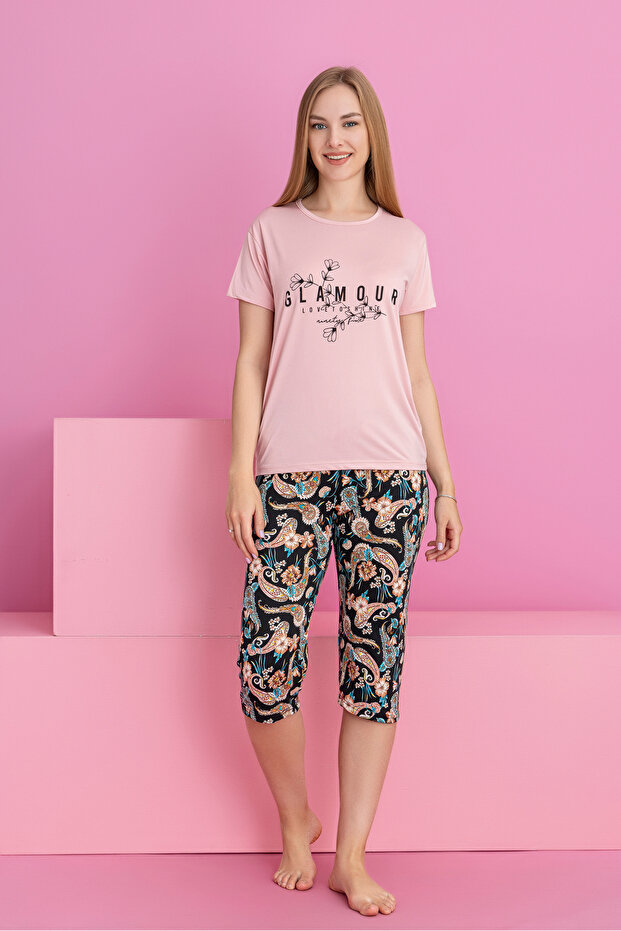 Women's Sal Patterned Capri Short Sleeve Viscose Pajama Set