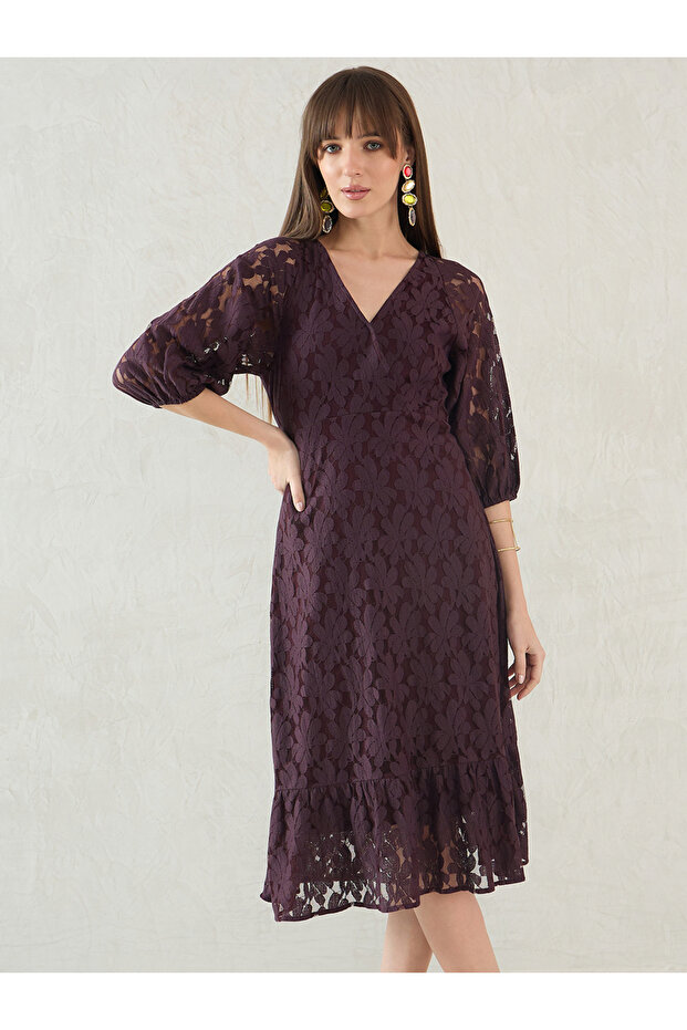 Purple Lace Wrap Front Midi Dress