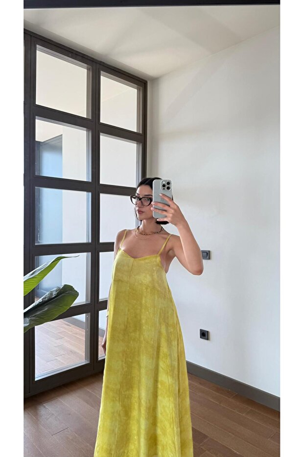 Premium Askılı Sarı Elbise - 5