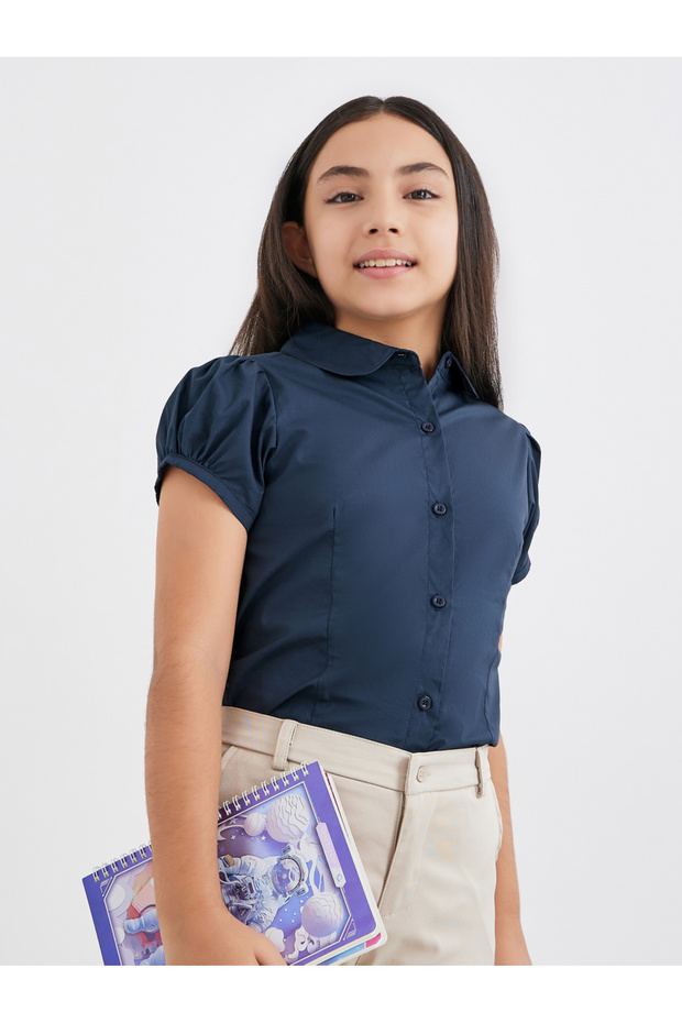 Girls Navy Blue Cotton Puff Sleeves Shirt