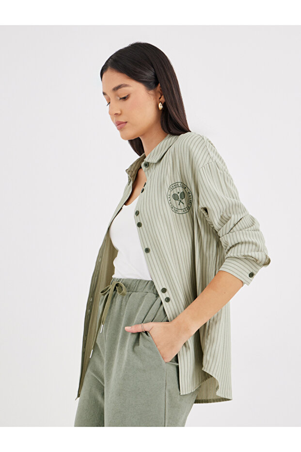 Green Striped Double Button Oversized Shirt