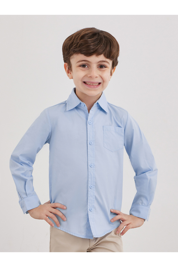 قميص للأولاد أزرق فاتح بأكمام طويلة وجيب