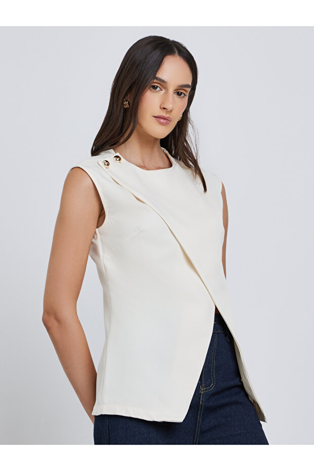 Cream Solid Asymmetric Hem Waistcoat