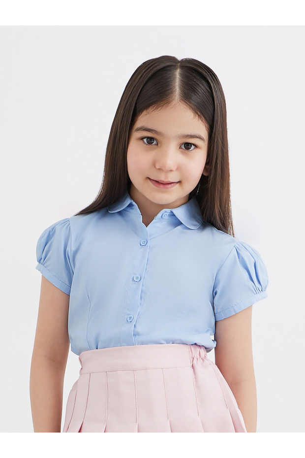Girls Light Blue Cotton Puff Sleeves Shirt
