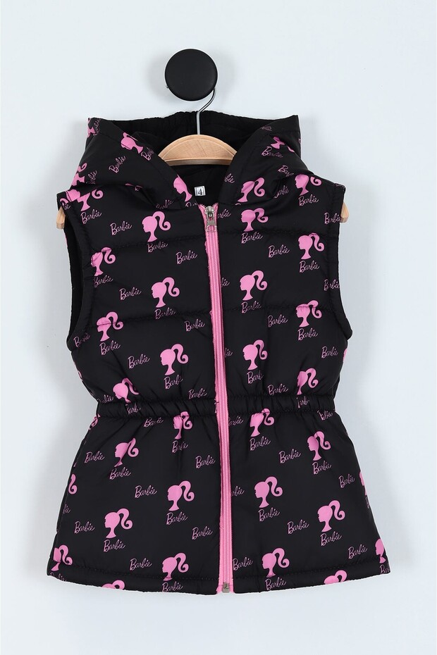 Black Color Printed Waist Elasticated Hooded Girls' down Vest