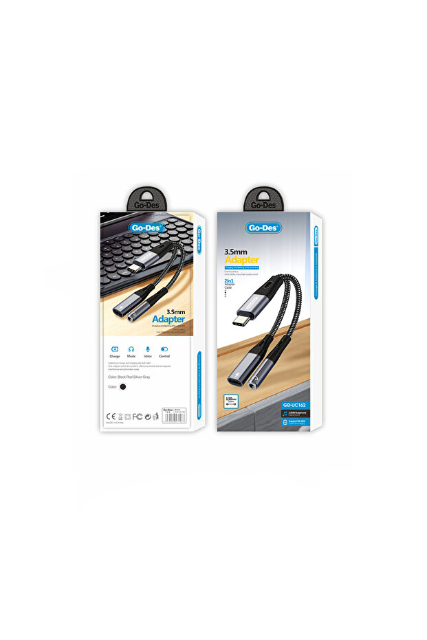 Go Des GD-UC162 3.5mm Jack Girişli Type-C 2in1 Şarj ve Ses Kablosu Siyah - 3