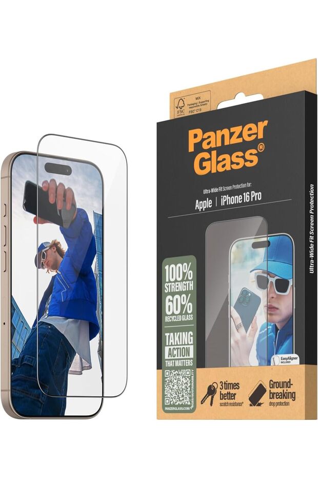 واقي شاشة زجاجي مقوى Panzer Glass® ULTRA WIDE FIT لهاتف iPhone 16 Pro - شفاف
