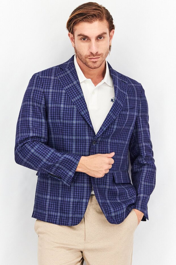Men Slim Fit Linen Windowpane Formal Blazer, Blue