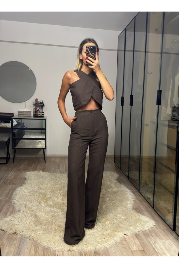 Edna Bitter Brown Bamboo Linen Asymmetrical Blouse Trousers Set
