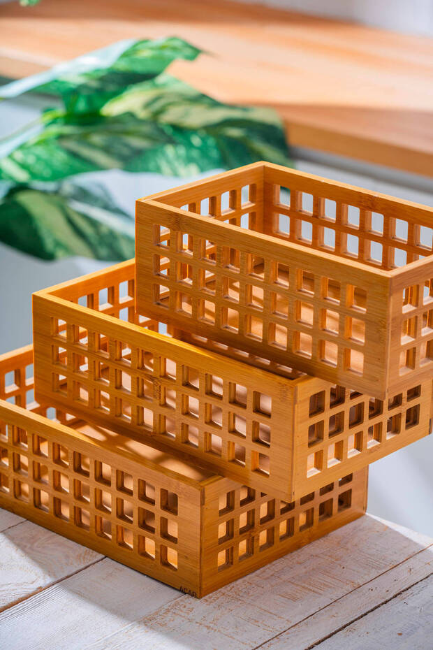 صندوق منظم مستطيل من الخيزران مكون من 3 قطع - 5