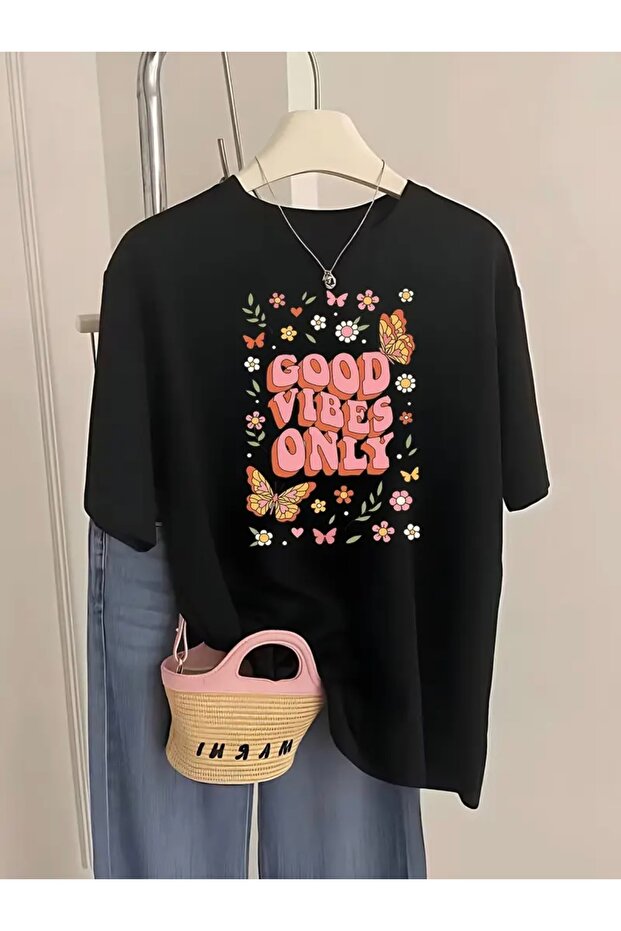 Good Vibes Only Printed Oversize Crew Neck T-Shirt