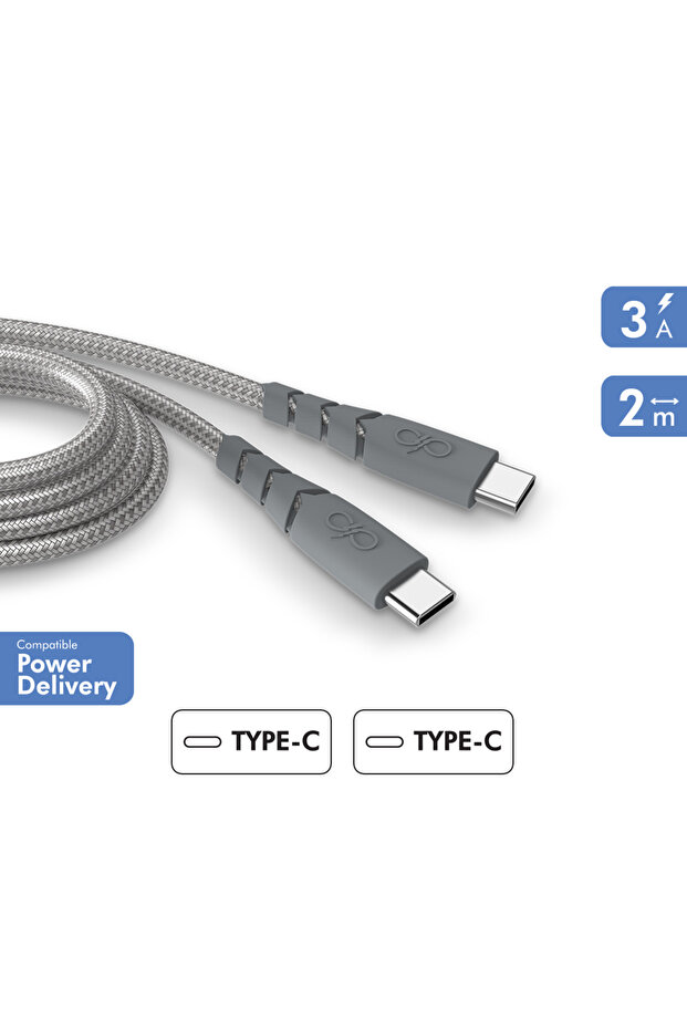 Ultra-reinforced USB C/USB C Cable 2m 3A Grey