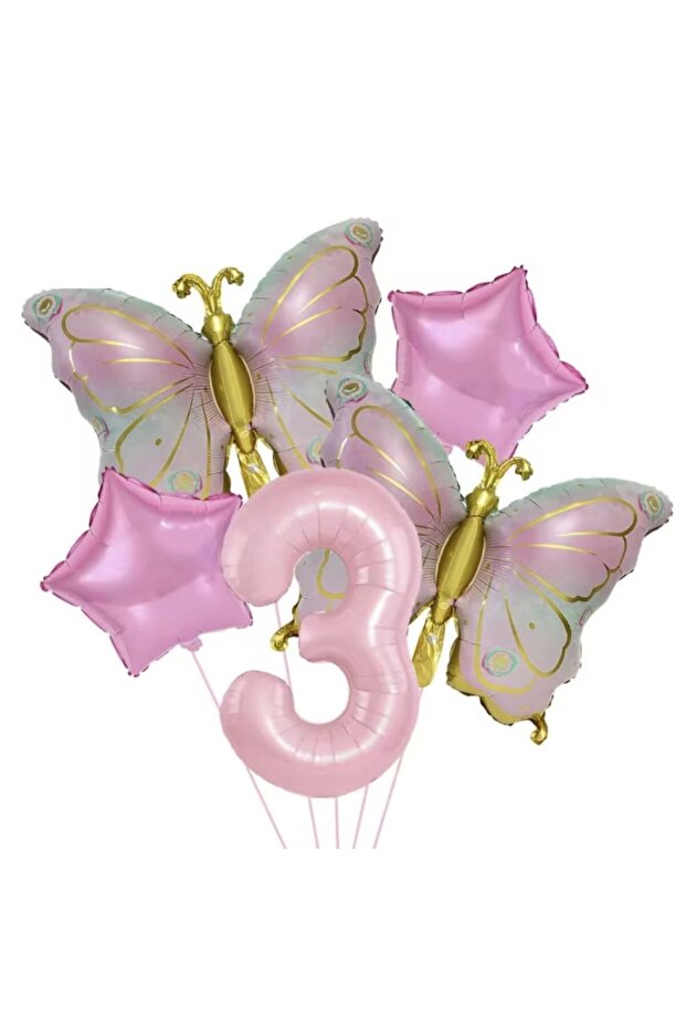 Gold Butterfly Pink 3 Year Old Number Balloon Set
