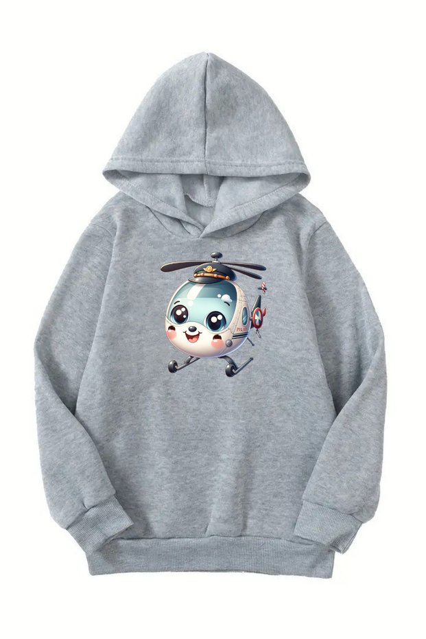Unisex Gray Children's Hooded Sweatshirt – Helicopter Printed, Thick Fabric with Hood