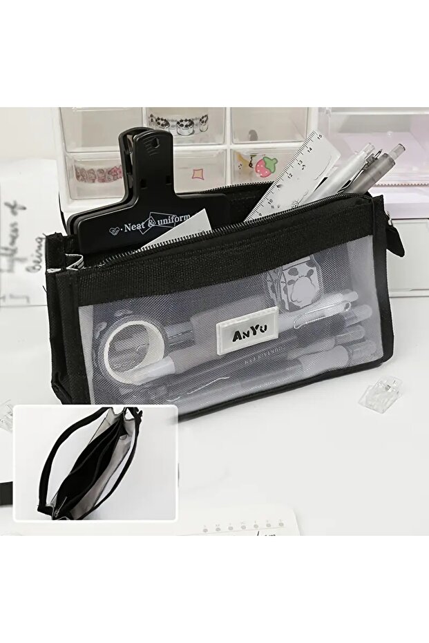 Transparent Mesh 5 Layer Pencil Case Pen Holder Stationery School Office Supplies