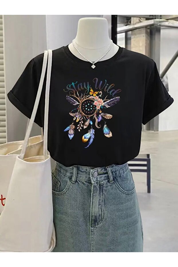 Stay Wild Bohemia Pattern Printed Oversize Crew Neck T-Shirt