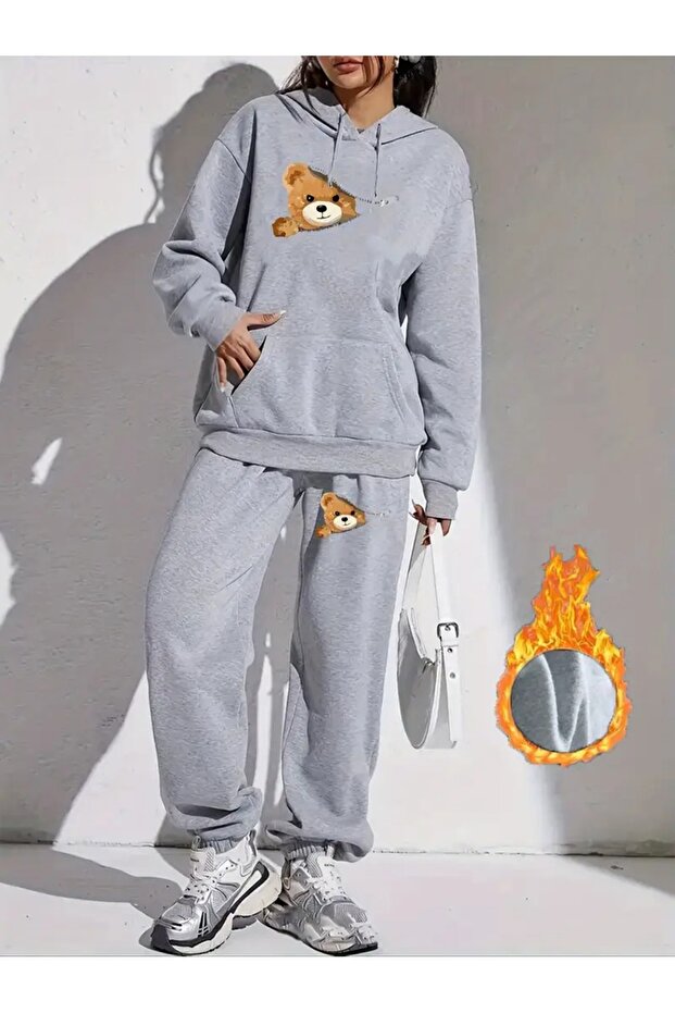Pocket Zipper Cute Bear Printed Hooded Bottom Top Oversize Women's Black Gray Tracksuit Set