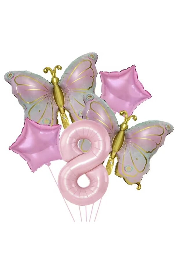 Gold Butterfly Pink 8 Year Old Number Balloon Set