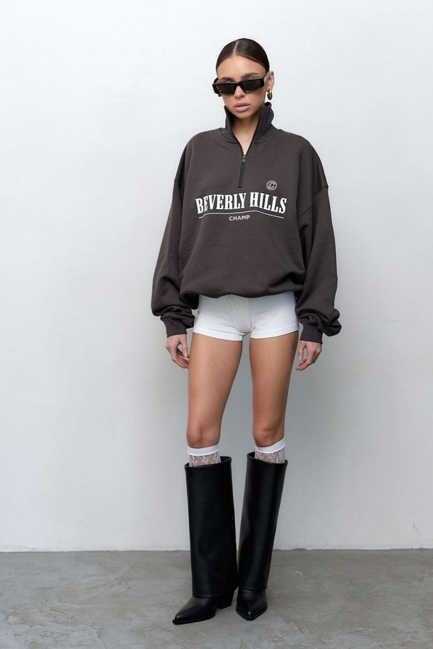 Women's Smoked Beverly Hills Lettered Zip-Up Half Turtleneck Oversize Sweatshirt – Sporty and Stylish Design